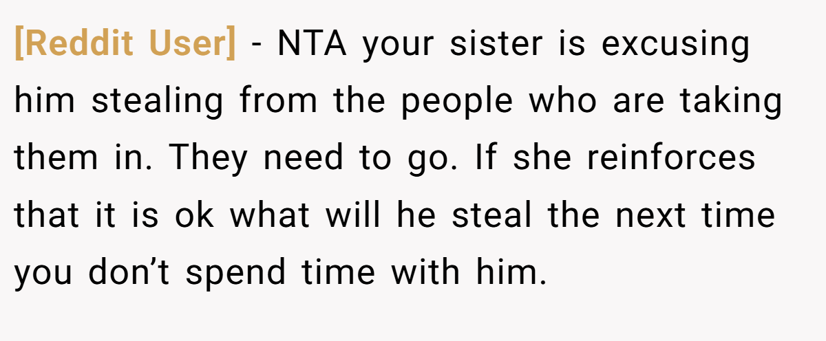 [Reddit User] − NTA your sister is excusing him stealing from the people who are taking them in. They need to go. If she reinforces that it is ok what will he steal the next time you don’t spend time with him.
