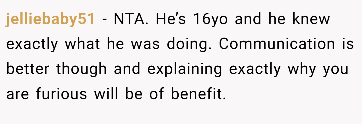 jelliebaby51 − NTA. He’s 16yo and he knew exactly what he was doing. Communication is better though and explaining exactly why you are furious will be of benefit.