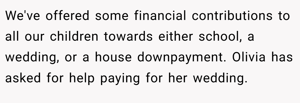 We've offered some financial contributions to all our children towards either school, a wedding, or a house downpayment. Olivia has asked for help paying for her wedding.