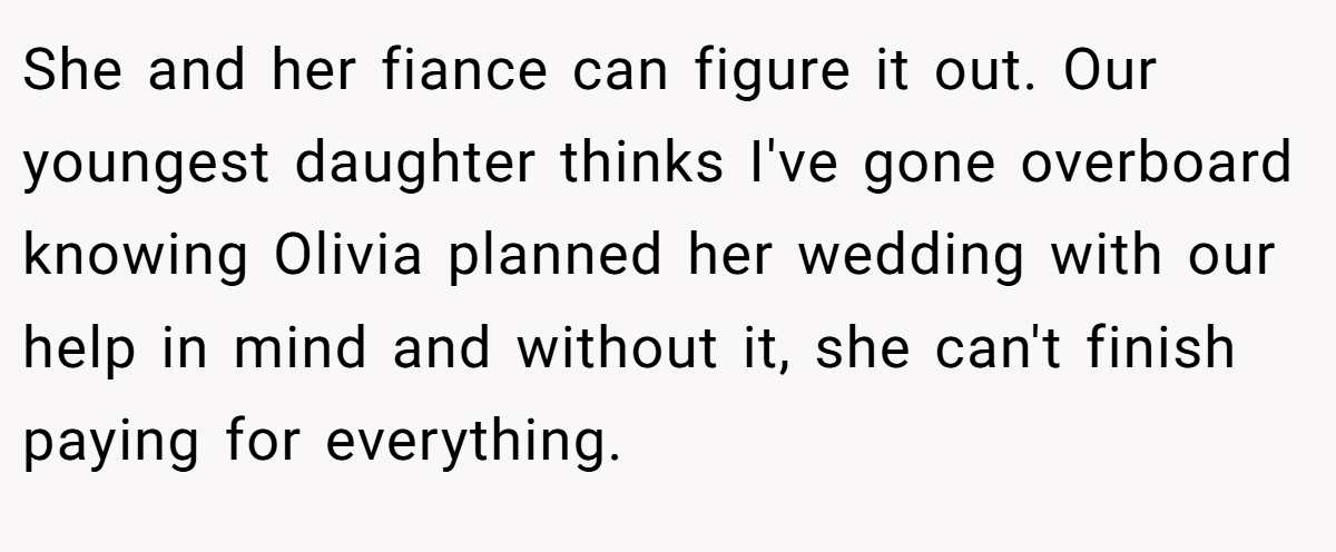 She and her fiance can figure it out. Our youngest daughter thinks I've gone overboard knowing Olivia planned her wedding with our help in mind and without it, she can't finish paying for everything.