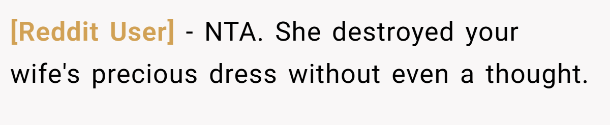 [Reddit User] − NTA. She destroyed your wife's precious dress without even a thought.