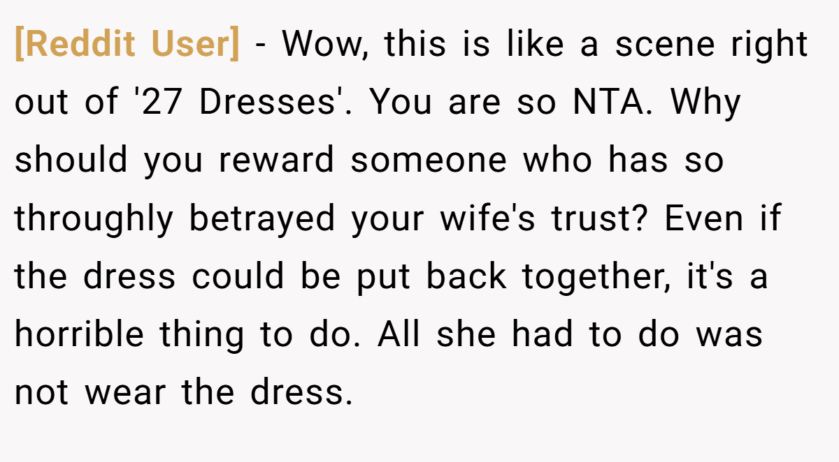 [Reddit User] − Wow, this is like a scene right out of '27 Dresses'. You are so NTA. Why should you reward someone who has so throughly betrayed your wife's trust? Even if the dress could be put back together, it's a horrible thing to do. All she had to do was not wear the dress.