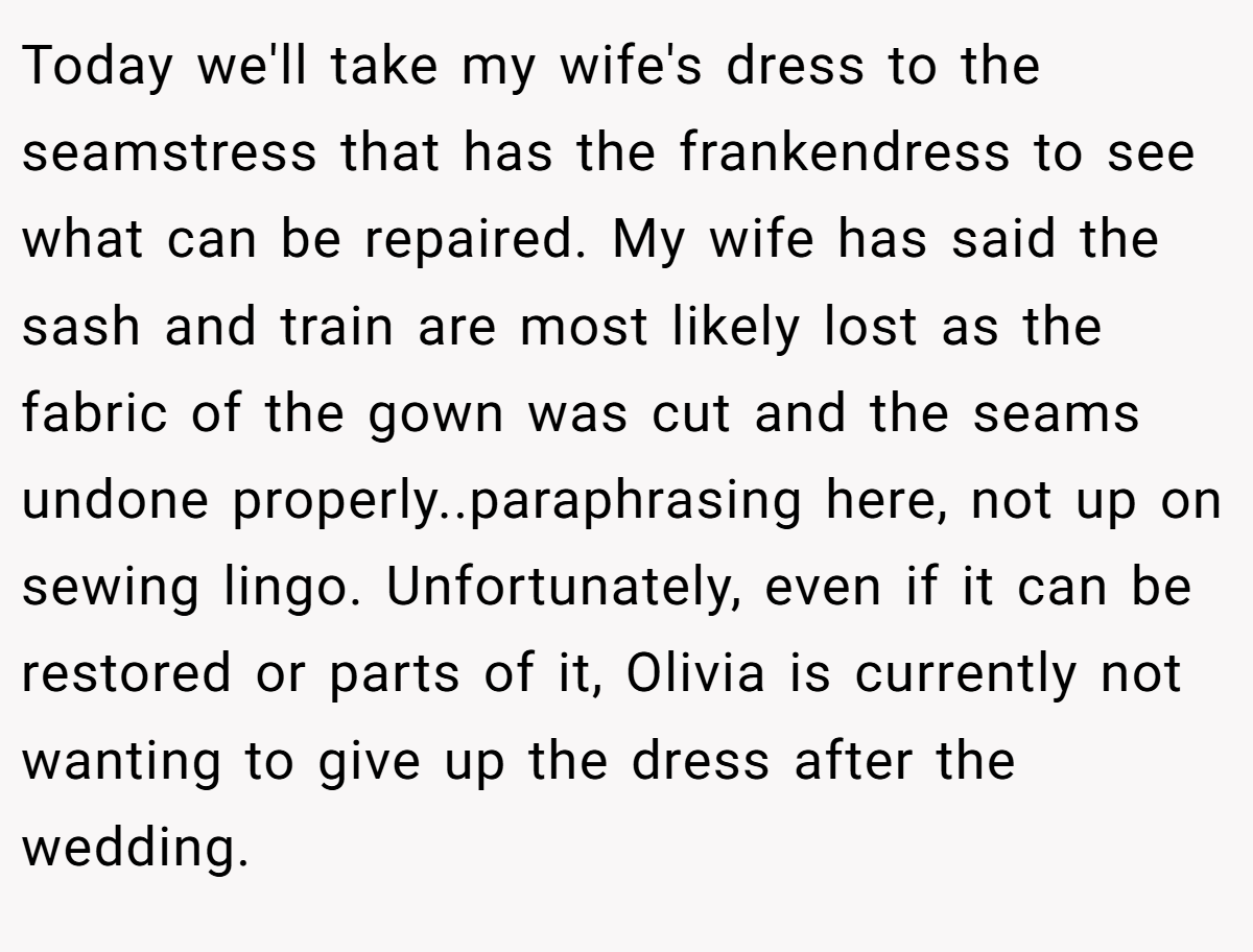 Today we'll take my wife's dress to the seamstress that has the frankendress to see what can be repaired. My wife has said the sash and train are most likely lost as the fabric of the gown was cut and the seams undone properly..paraphrasing here, not up on sewing lingo. Unfortunately, even if it can be restored or parts of it, Olivia is currently not wanting to give up the dress after the wedding.