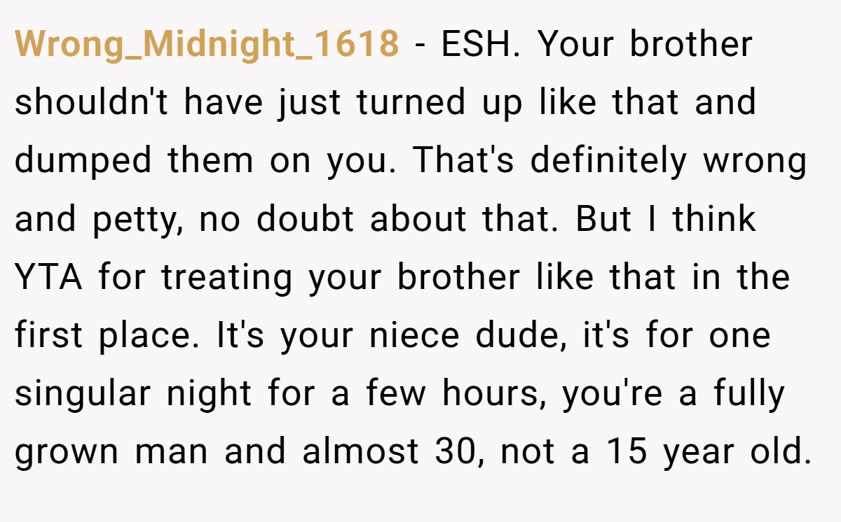 Wrong_Midnight_1618 − ESH. Your brother shouldn't have just turned up like that and dumped them on you. That's definitely wrong and petty, no doubt about that. But I think YTA for treating your brother like that in the first place. It's your niece dude, it's for one singular night for a few hours, you're a fully grown man and almost 30, not a 15 year old.