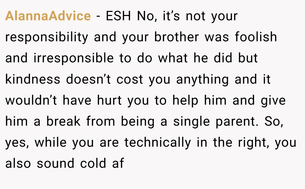 AlannaAdvice − ESH No, it’s not your responsibility and your brother was foolish and irresponsible to do what he did but kindness doesn’t cost you anything and it wouldn’t have hurt you to help him and give him a break from being a single parent. So, yes, while you are technically in the right, you also sound cold af