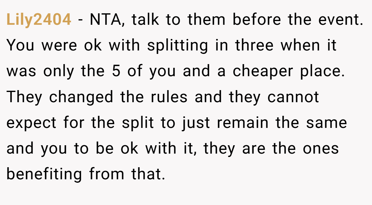 Lily2404 − NTA, talk to them before the event. You were ok with splitting in three when it was only the 5 of you and a cheaper place. They changed the rules and they cannot expect for the split to just remain the same and you to be ok with it, they are the ones benefiting from that.