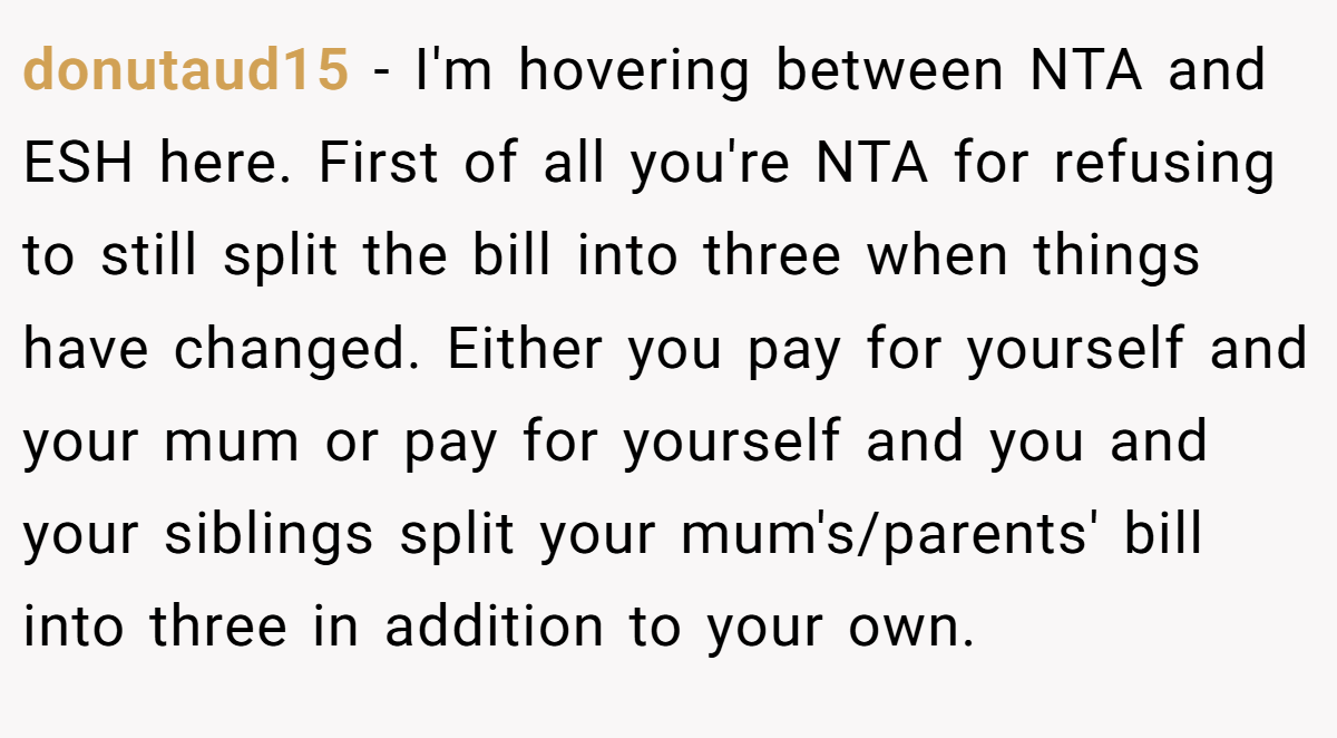 donutaud15 − I'm hovering between NTA and ESH here. First of all you're NTA for refusing to still split the bill into three when things have changed. Either you pay for yourself and your mum or pay for yourself and you and your siblings split your mum's/parents' bill into three in addition to your own.