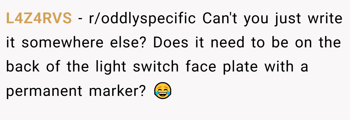 L4Z4RVS − r/oddlyspecific Can't you just write it somewhere else? Does it need to be on the back of the light switch face plate with a permanent marker? 😂