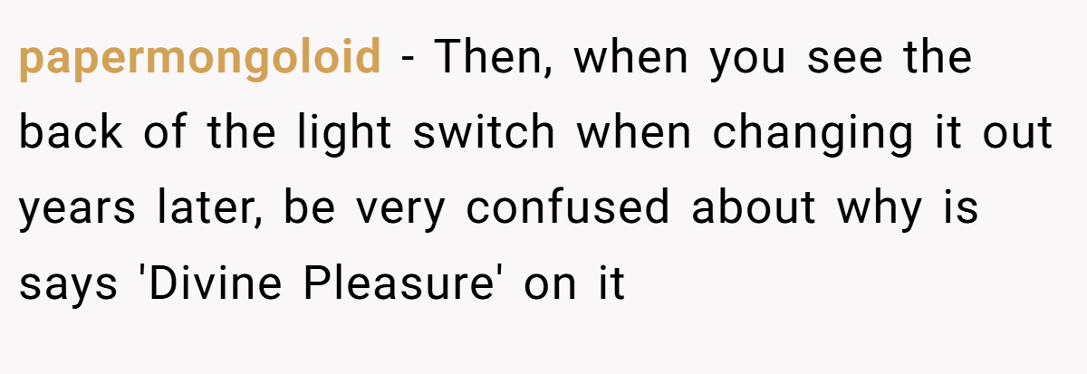papermongoloid − Then, when you see the back of the light switch when changing it out years later, be very confused about why is says 'Divine Pleasure' on it