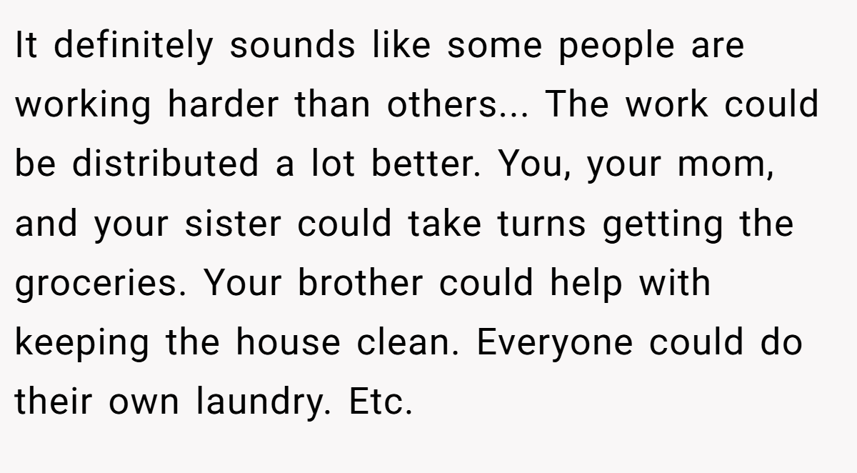 It definitely sounds like some people are working harder than others... The work could be distributed a lot better. You, your mom, and your sister could take turns getting the groceries. Your brother could help with keeping the house clean. Everyone could do their own laundry. Etc.