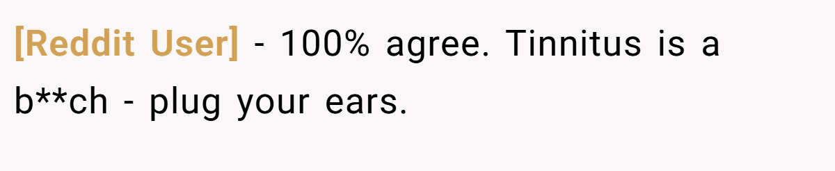 [Reddit User] − 100% agree. Tinnitus is a b**ch - plug your ears.