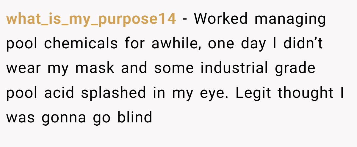 what_is_my_purpose14 − Worked managing pool chemicals for awhile, one day I didn’t wear my mask and some industrial grade pool acid splashed in my eye. Legit thought I was gonna go blind