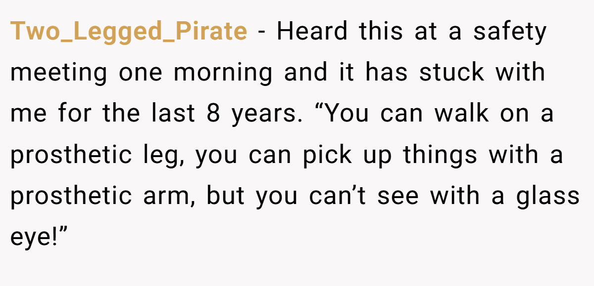 Two_Legged_Pirate − Heard this at a safety meeting one morning and it has stuck with me for the last 8 years. “You can walk on a prosthetic leg, you can pick up things with a prosthetic arm, but you can’t see with a glass eye!”