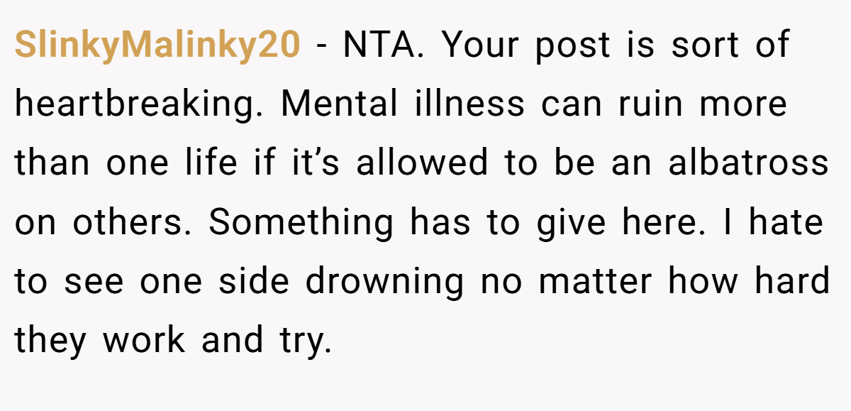 SlinkyMalinky20 − NTA. Your post is sort of heartbreaking. Mental illness can ruin more than one life if it’s allowed to be an albatross on others. Something has to give here. I hate to see one side drowning no matter how hard they work and try.
