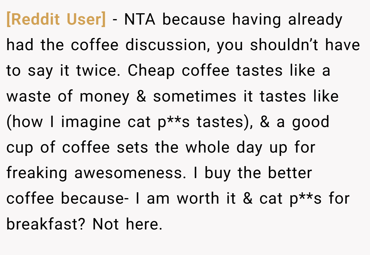 [Reddit User] − NTA because having already had the coffee discussion, you shouldn’t have to say it twice. Cheap coffee tastes like a waste of money & sometimes it tastes like (how I imagine cat p**s tastes), & a good cup of coffee sets the whole day up for freaking awesomeness. I buy the better coffee because- I am worth it & cat p**s for breakfast? Not here.