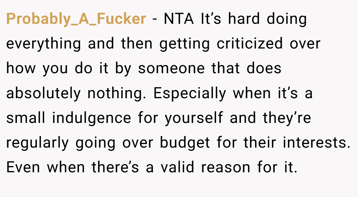 Probably_A_Fucker − NTA It’s hard doing everything and then getting criticized over how you do it by someone that does absolutely nothing. Especially when it’s a small indulgence for yourself and they’re regularly going over budget for their interests. Even when there’s a valid reason for it.