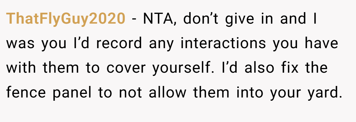 ThatFlyGuy2020 − NTA, don’t give in and I was you I’d record any interactions you have with them to cover yourself. I’d also fix the fence panel to not allow them into your yard.