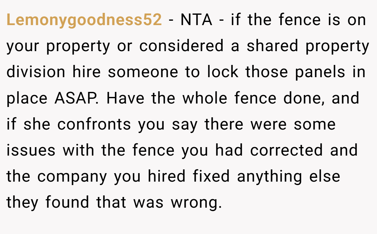 Lemonygoodness52 − NTA - if the fence is on your property or considered a shared property division hire someone to lock those panels in place ASAP. Have the whole fence done, and if she confronts you say there were some issues with the fence you had corrected and the company you hired fixed anything else they found that was wrong.
