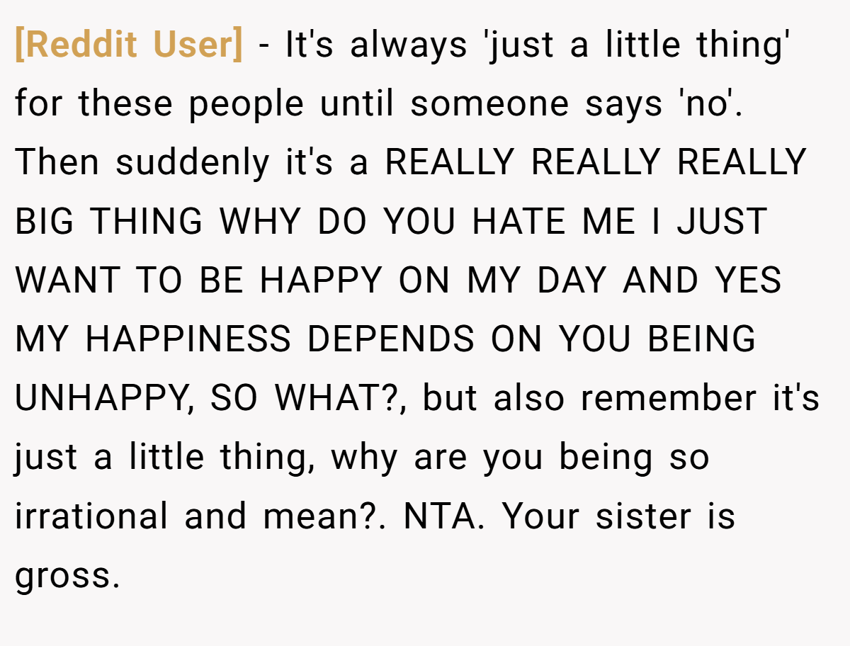 [Reddit User] − It's always 'just a little thing' for these people until someone says 'no'. Then suddenly it's a REALLY REALLY REALLY BIG THING WHY DO YOU HATE ME I JUST WANT TO BE HAPPY ON MY DAY AND YES MY HAPPINESS DEPENDS ON YOU BEING UNHAPPY, SO WHAT?, but also remember it's just a little thing, why are you being so irrational and mean?. NTA. Your sister is gross.