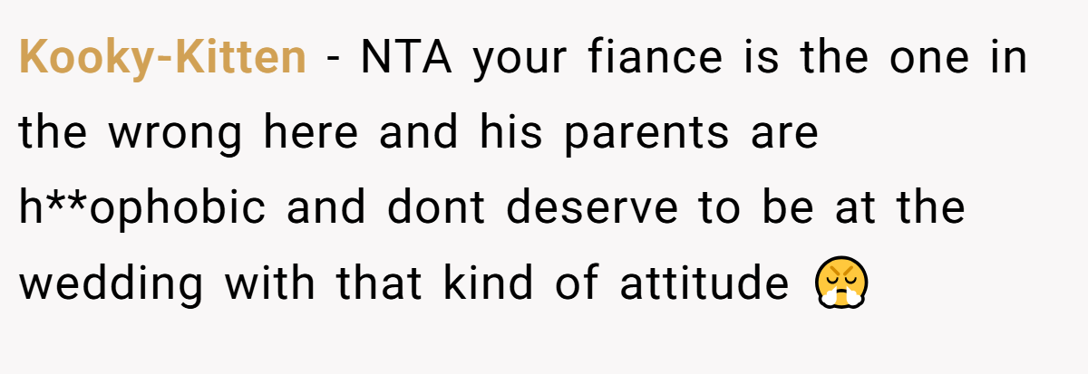 Kooky-Kitten - NTA your fiance is the one in the wrong here and his parents are h**ophobic and dont deserve to be at the wedding with that kind of attitude 😤