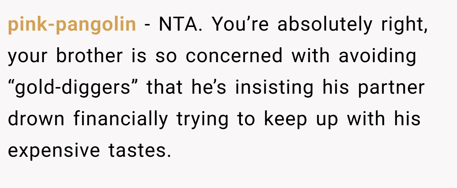 pink-pangolin − NTA. You’re absolutely right, your brother is so concerned with avoiding “gold-diggers” that he’s insisting his partner drown financially trying to keep up with his expensive tastes.