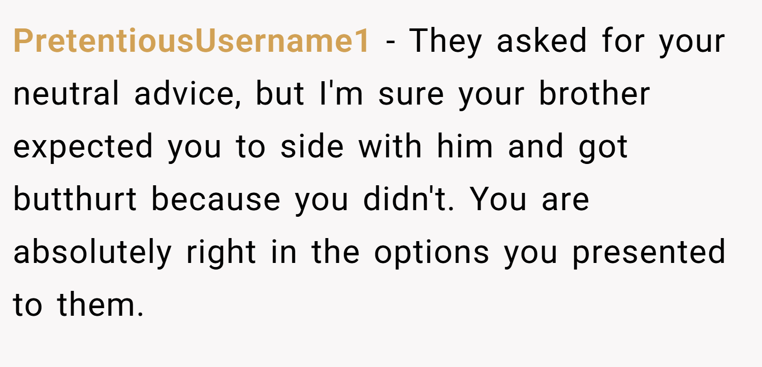 PretentiousUsername1 − They asked for your neutral advice, but I'm sure your brother expected you to side with him and got butthurt because you didn't. You are absolutely right in the options you presented to them.