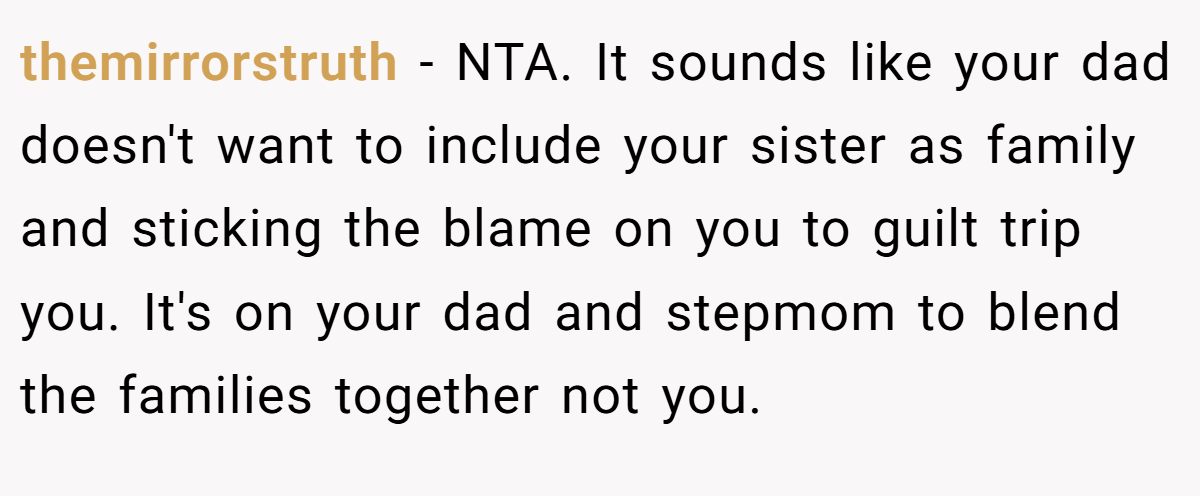 themirrorstruth − NTA. It sounds like your dad doesn't want to include your sister as family and sticking the blame on you to guilt trip you. It's on your dad and stepmom to blend the families together not you.
