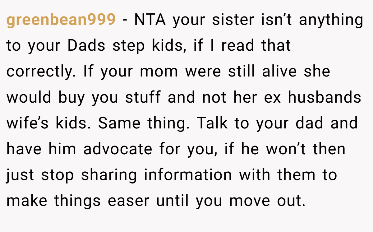 greenbean999 − NTA your sister isn’t anything to your Dads step kids, if I read that correctly. If your mom were still alive she would buy you stuff and not her ex husbands wife’s kids. Same thing. Talk to your dad and have him advocate for you, if he won’t then just stop sharing information with them to make things easer until you move out.