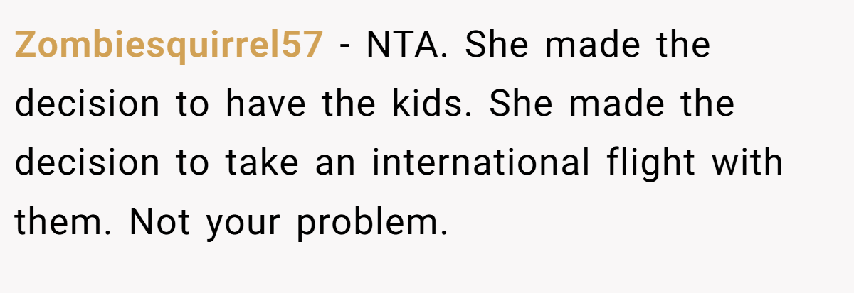 Zombiesquirrel57 − NTA. She made the decision to have the kids. She made the decision to take an international flight with them. Not your problem.