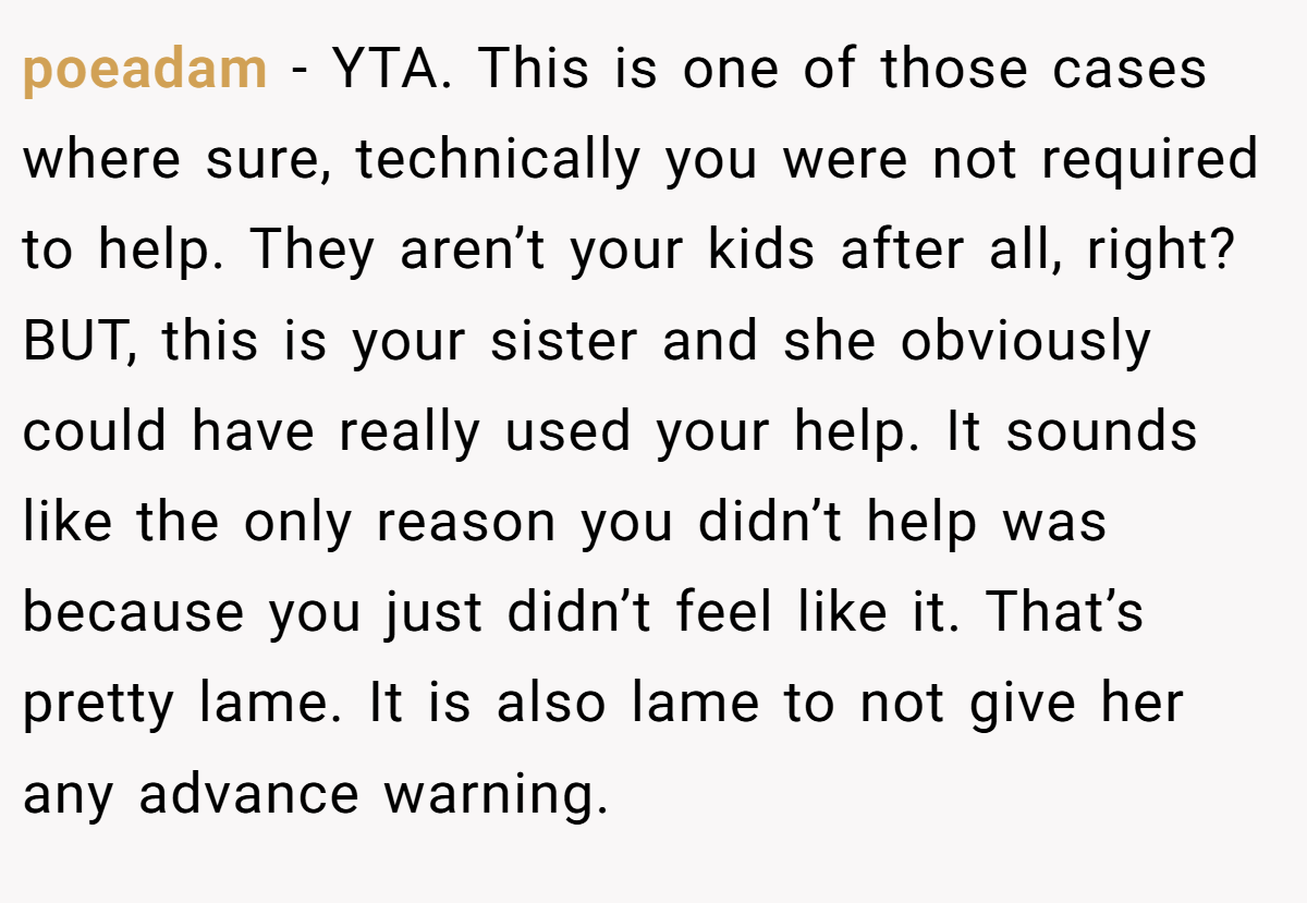 poeadam − YTA. This is one of those cases where sure, technically you were not required to help. They aren’t your kids after all, right? BUT, this is your sister and she obviously could have really used your help. It sounds like the only reason you didn’t help was because you just didn’t feel like it. That’s pretty lame. It is also lame to not give her any advance warning.