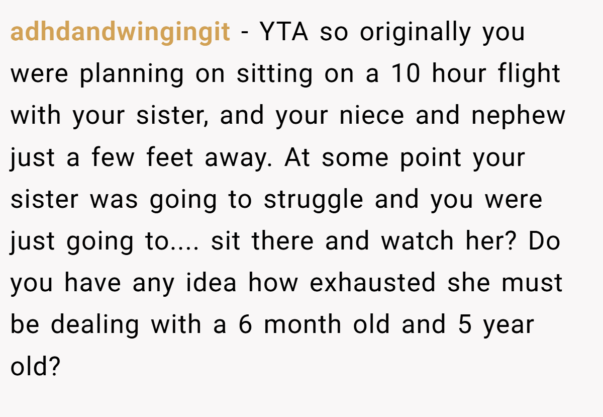 adhdandwingingit − YTA so originally you were planning on sitting on a 10 hour flight with your sister, and your niece and nephew just a few feet away. At some point your sister was going to struggle and you were just going to.... sit there and watch her? Do you have any idea how exhausted she must be dealing with a 6 month old and 5 year old?