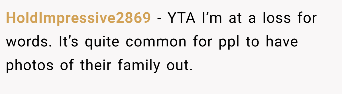HoldImpressive2869 − YTA I’m at a loss for words. It’s quite common for ppl to have photos of their family out.