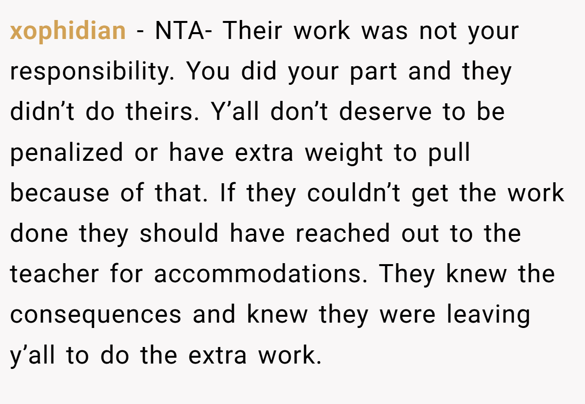 xophidian − NTA- Their work was not your responsibility. You did your part and they didn’t do theirs. Y’all don’t deserve to be penalized or have extra weight to pull because of that. If they couldn’t get the work done they should have reached out to the teacher for accommodations. They knew the consequences and knew they were leaving y’all to do the extra work.
