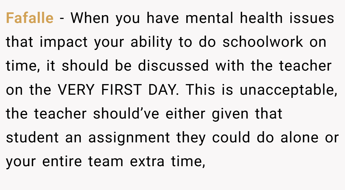 Fafalle − When you have mental health issues that impact your ability to do schoolwork on time, it should be discussed with the teacher on the VERY FIRST DAY. This is unacceptable, the teacher should’ve either given that student an assignment they could do alone or your entire team extra time,
