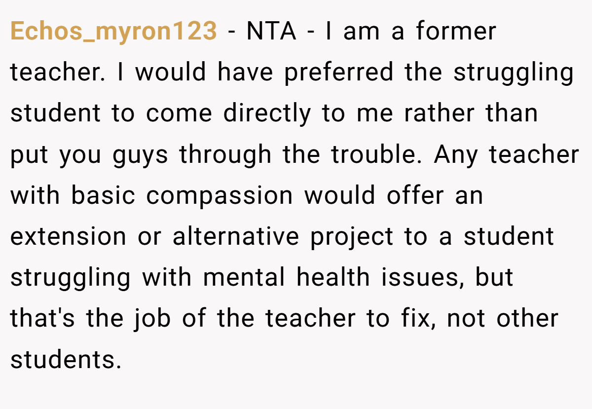 Echos_myron123 − NTA - I am a former teacher. I would have preferred the struggling student to come directly to me rather than put you guys through the trouble. Any teacher with basic compassion would offer an extension or alternative project to a student struggling with mental health issues, but that's the job of the teacher to fix, not other students.