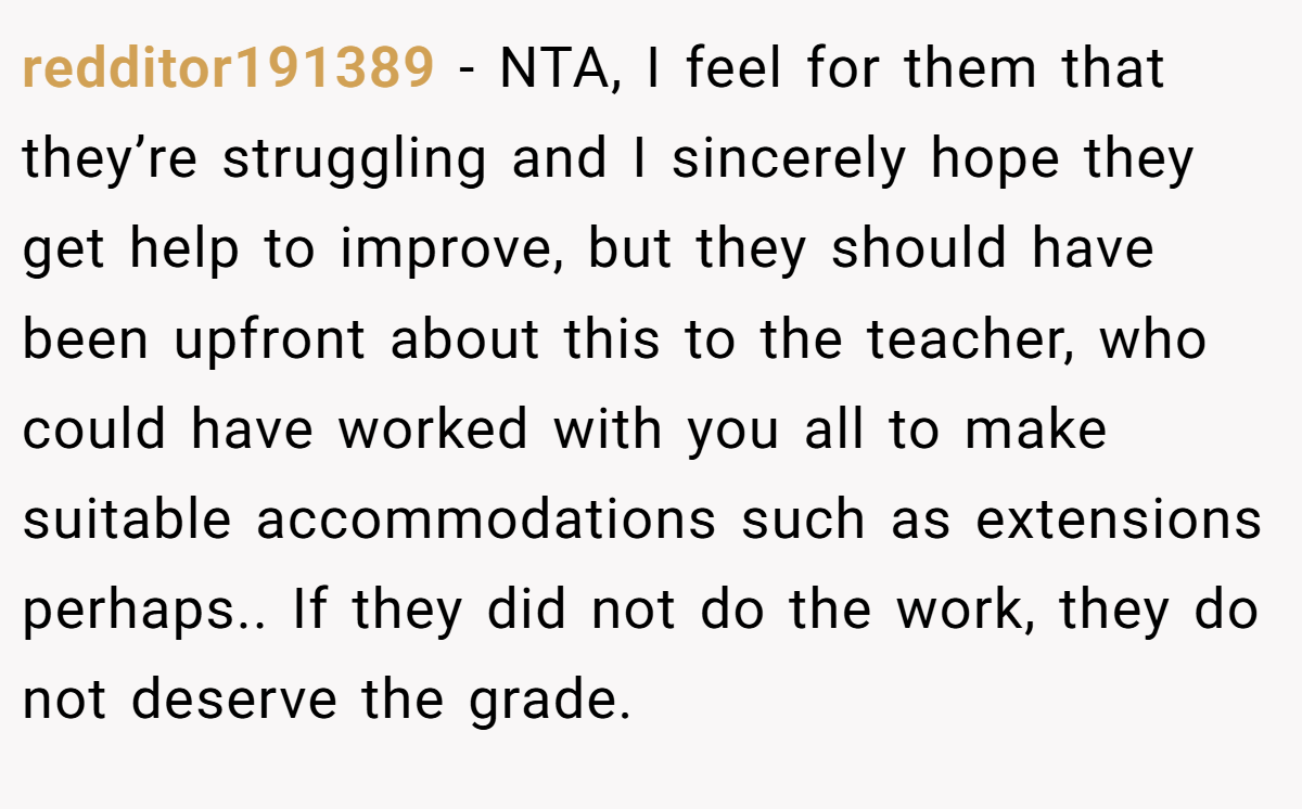 redditor191389 − NTA, I feel for them that they’re struggling and I sincerely hope they get help to improve, but they should have been upfront about this to the teacher, who could have worked with you all to make suitable accommodations such as extensions perhaps.. If they did not do the work, they do not deserve the grade.