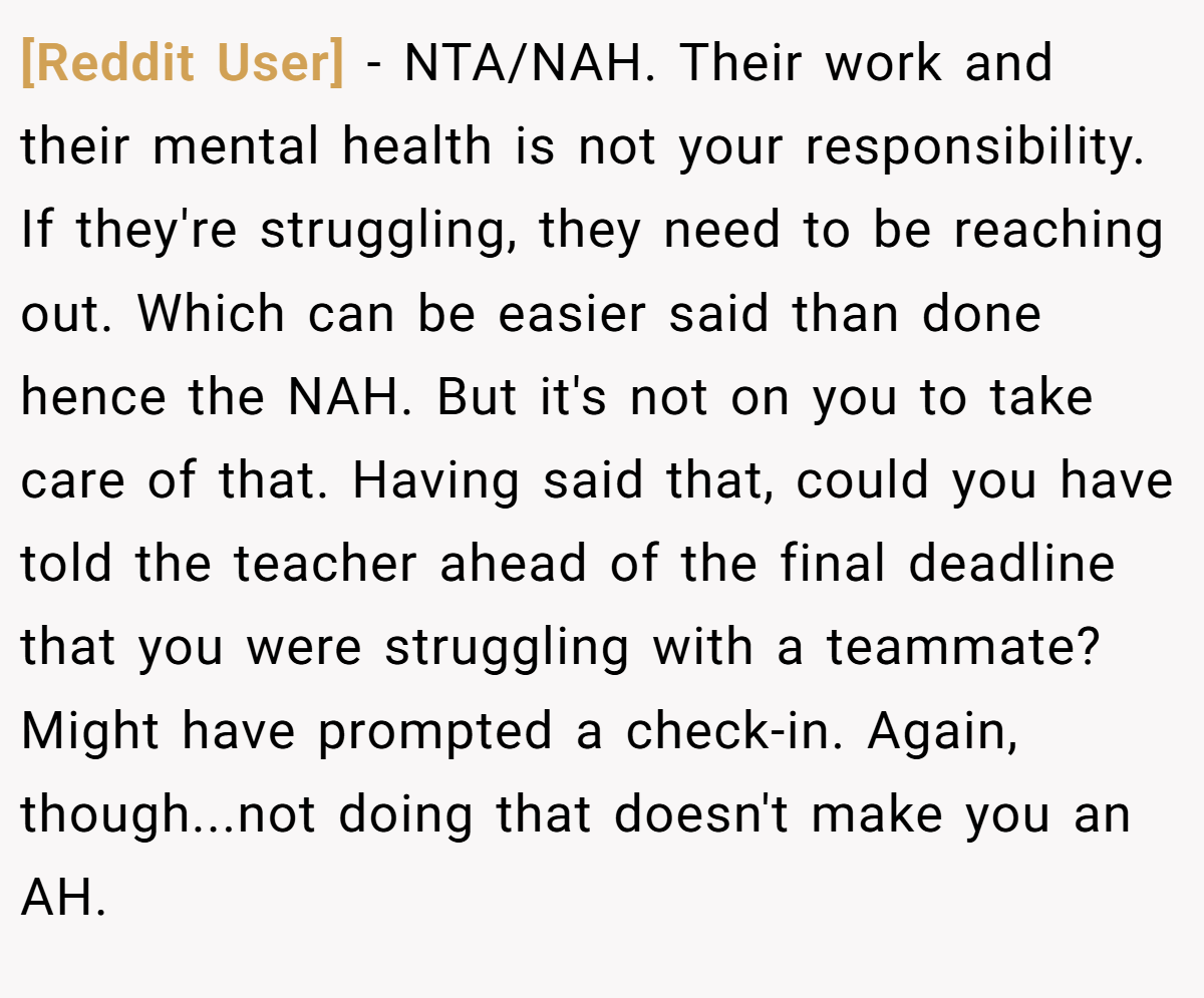 [Reddit User] − NTA/NAH. Their work and their mental health is not your responsibility. If they're struggling, they need to be reaching out. Which can be easier said than done hence the NAH. But it's not on you to take care of that. Having said that, could you have told the teacher ahead of the final deadline that you were struggling with a teammate? Might have prompted a check-in. Again, though...not doing that doesn't make you an AH.