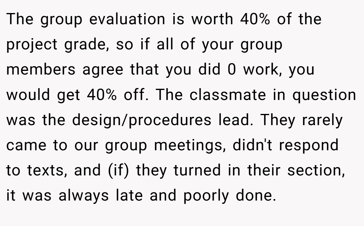 The group evaluation is worth 40% of the project grade, so if all of your group members agree that you did 0 work, you would get 40% off. The classmate in question was the design/procedures lead. They rarely came to our group meetings, didn't respond to texts, and (if) they turned in their section, it was always late and poorly done.