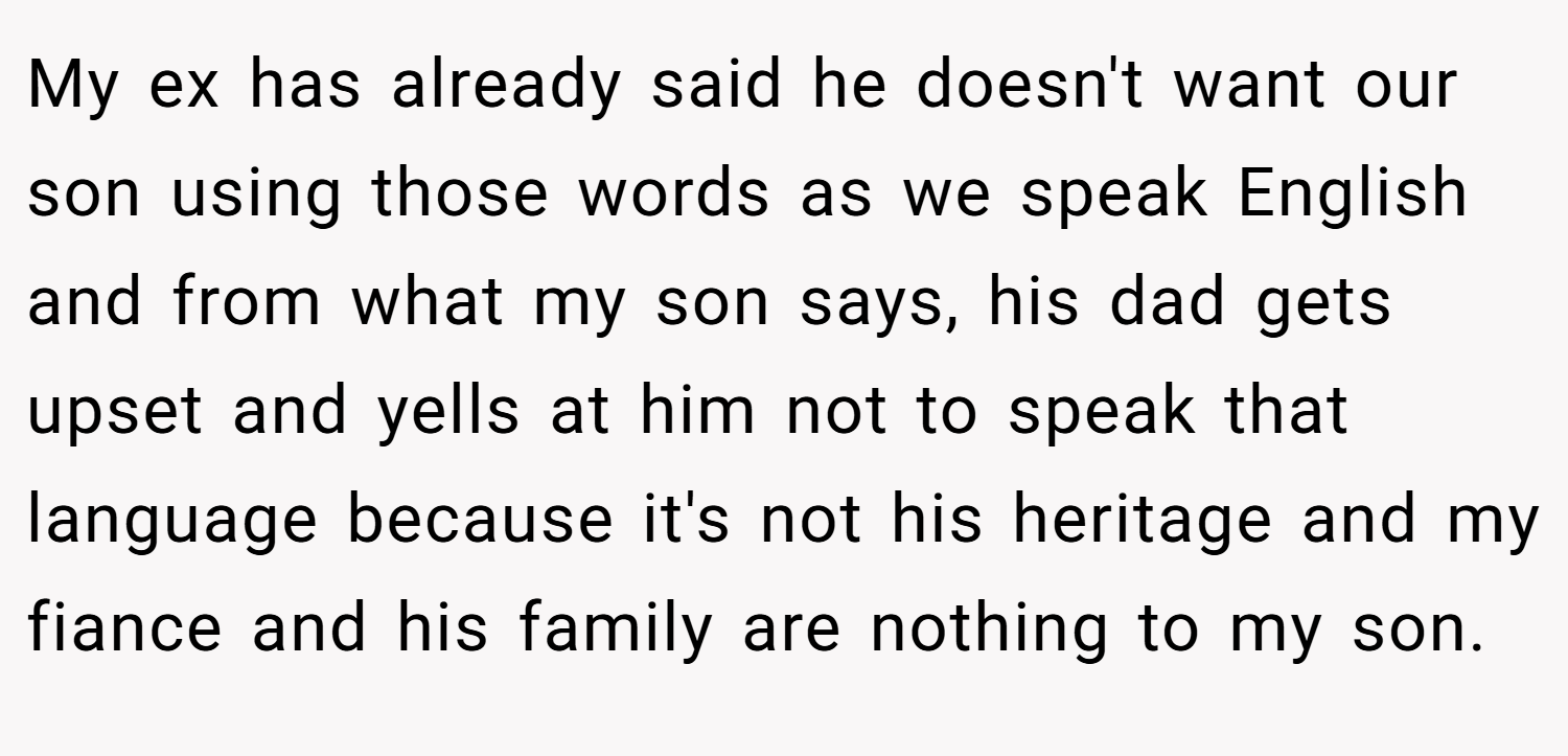 My ex has already said he doesn't want our son using those words as we speak English and from what my son says, his dad gets upset and yells at him not to speak that language because it's not his heritage and my fiance and his family are nothing to my son.