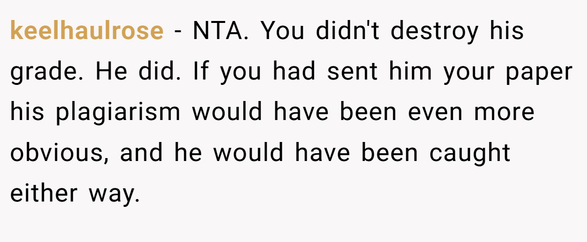 keelhaulrose − NTA. You didn't destroy his grade. He did. If you had sent him your paper his plagiarism would have been even more obvious, and he would have been caught either way.
