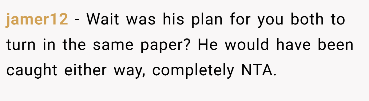 jamer12 − Wait was his plan for you both to turn in the same paper? He would have been caught either way, completely NTA.