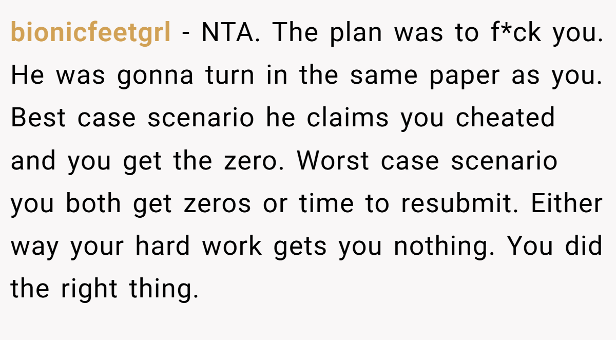 bionicfeetgrl − NTA. The plan was to f*ck you. He was gonna turn in the same paper as you. Best case scenario he claims you cheated and you get the zero. Worst case scenario you both get zeros or time to resubmit. Either way your hard work gets you nothing. You did the right thing.