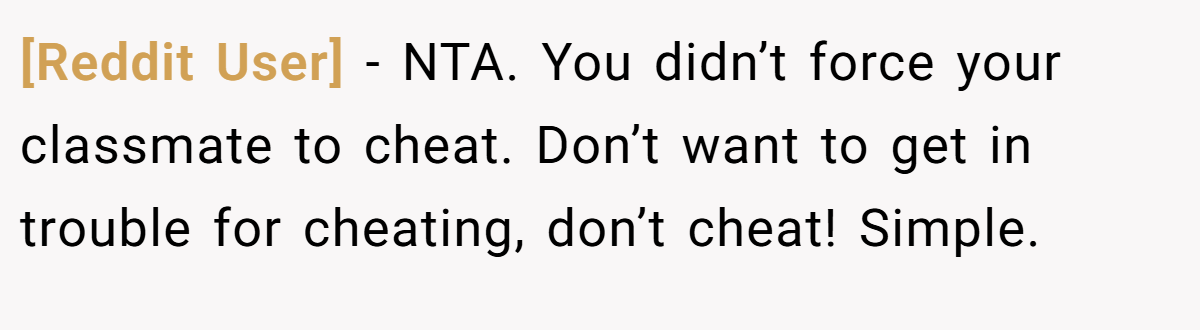 [Reddit User] − NTA. You didn’t force your classmate to cheat. Don’t want to get in trouble for cheating, don’t cheat! Simple.