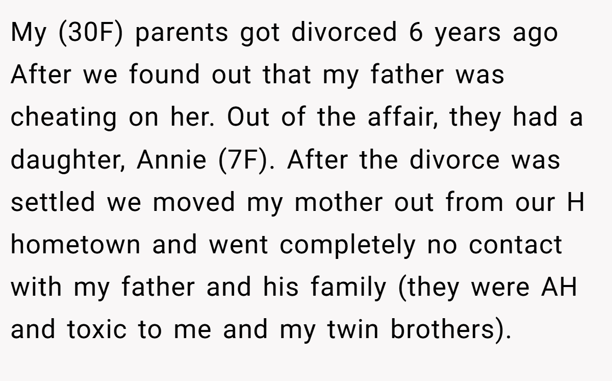 My (30F) parents got divorced 6 years ago After we found out that my father was cheating on her. Out of the affair, they had a daughter, Annie (7F). After the divorce was settled we moved my mother out from our H hometown and went completely no contact with my father and his family (they were AH and toxic to me and my twin brothers).