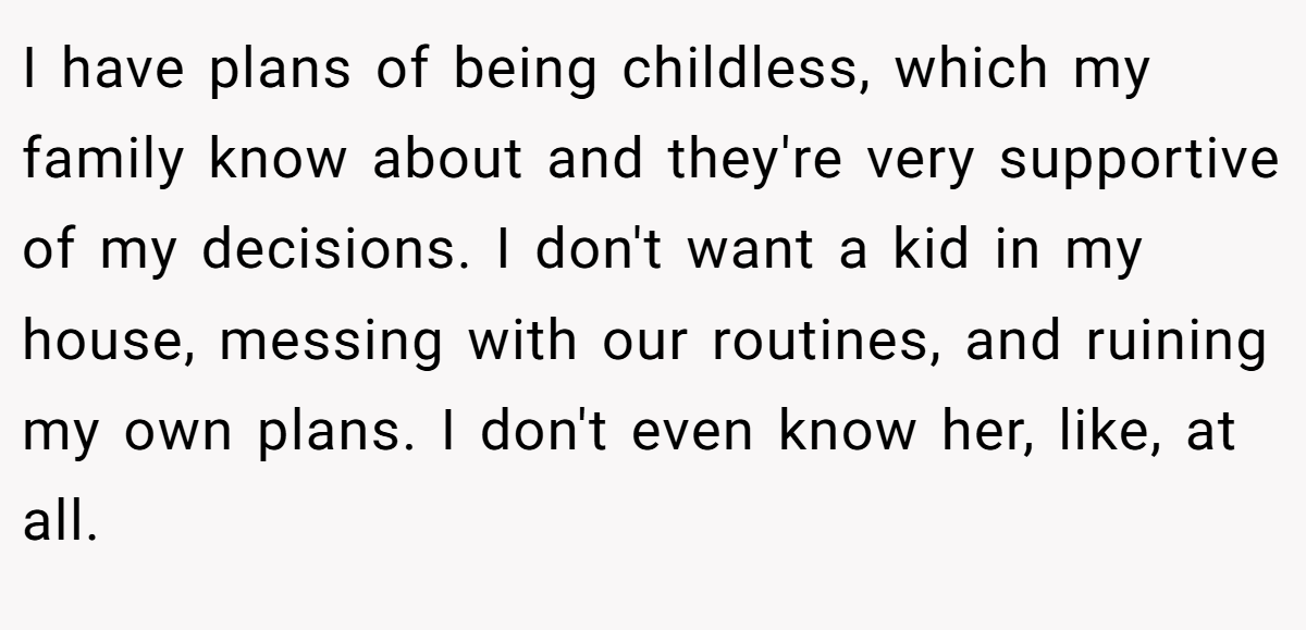 I have plans of being childless, which my family know about and they're very supportive of my decisions. I don't want a kid in my house, messing with our routines, and ruining my own plans. I don't even know her, like, at all.