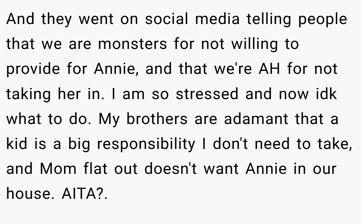 And they went on social media telling people that we are monsters for not willing to provide for Annie, and that we're AH for not taking her in. I am so stressed and now idk what to do. My brothers are adamant that a kid is a big responsibility I don't need to take, and Mom flat out doesn't want Annie in our house. AITA?.