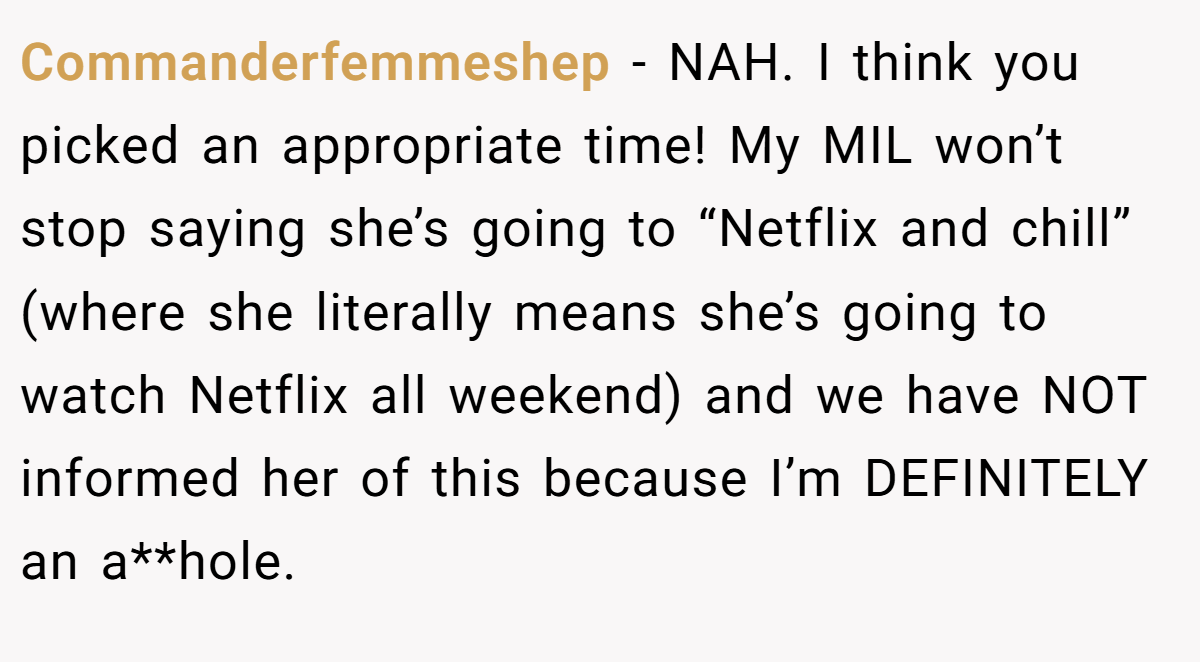 Commanderfemmeshep − NAH. I think you picked an appropriate time! My MIL won’t stop saying she’s going to “Netflix and chill” (where she literally means she’s going to watch Netflix all weekend) and we have NOT informed her of this because I’m DEFINITELY an a**hole.