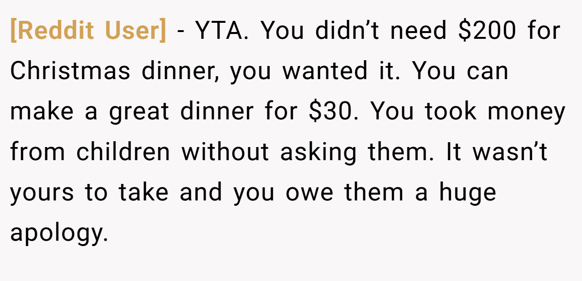 [Reddit User] − YTA. You didn’t need $200 for Christmas dinner, you wanted it. You can make a great dinner for $30. You took money from children without asking them. It wasn’t yours to take and you owe them a huge apology.
