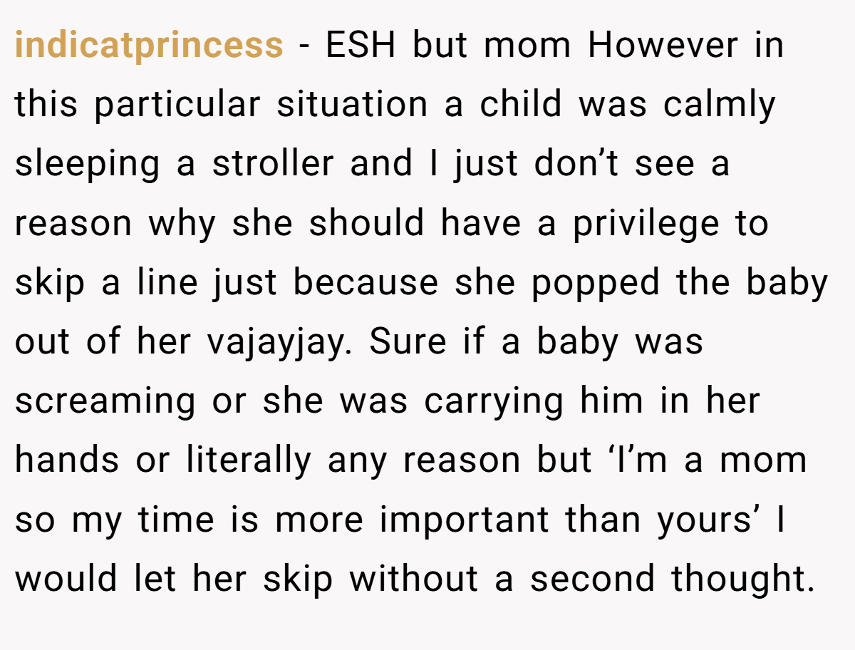 indicatprincess − ESH but mom However in this particular situation a child was calmly sleeping a stroller and I just don’t see a reason why she should have a privilege to skip a line just because she popped the baby out of her vajayjay. Sure if a baby was screaming or she was carrying him in her hands or literally any reason but ‘I’m a mom so my time is more important than yours’ I would let her skip without a second thought.