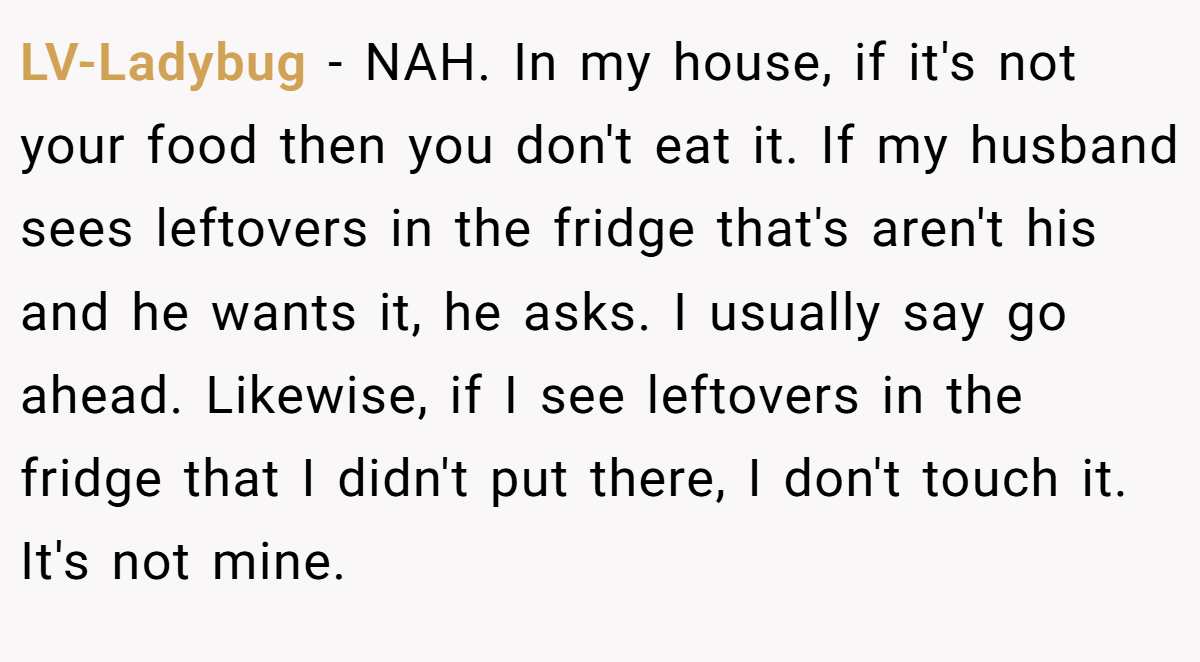 LV-Ladybug − NAH. In my house, if it's not your food then you don't eat it. If my husband sees leftovers in the fridge that's aren't his and he wants it, he asks. I usually say go ahead. Likewise, if I see leftovers in the fridge that I didn't put there, I don't touch it. It's not mine.